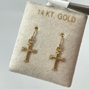 Stunning 14K Yellow Gold Cross Dangle Hook Setting Earrings Dainty Cute New